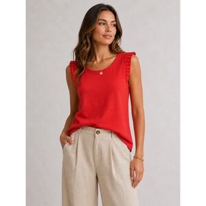LOFT Womens Red Sleeveless Pleated Ruffle Shoulder Knit Top Size S